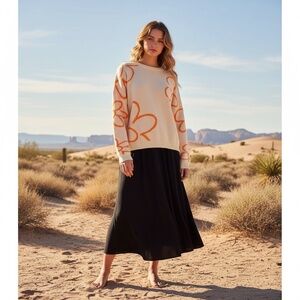 BAILEY ROSE Peach Orange Floral Sweater Pullover Knit Oversized Cropped Large